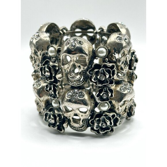 Silver-tone Gothic Skulls And Roses Wide Cuff Bracelet Rhinestones Faux Pearls - Picture 2 of 4